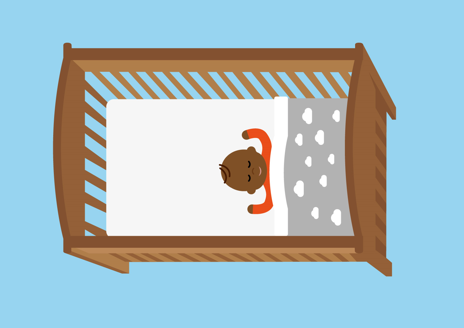 cartoon image of baby lying in a cot in correct sleeping position